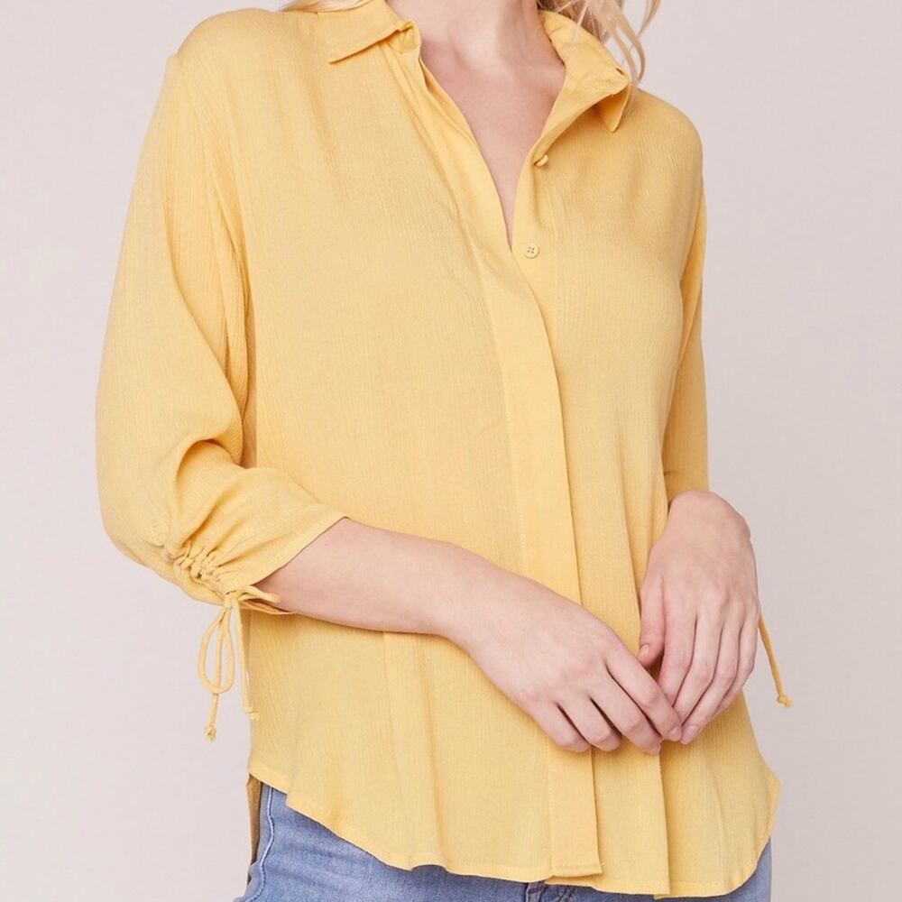 BB Dakota Knot Kidding Ruched Sleeve Button Up Crinkle Rayon Shirt Small Yellow